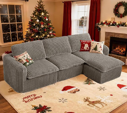110'' Boneless Modular Cloud Couch for Living Room, Comfy Cloud Modular Sectional Couch with Ottoman, Convertible L Shaped Couches for Apartment, Dorm, No Assembly Required, Camel Corduroy