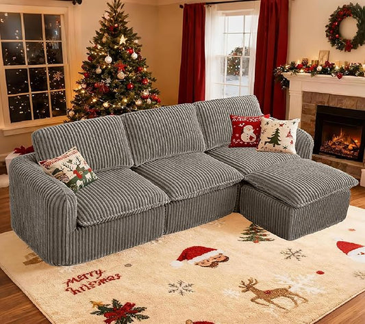110'' Boneless Modular Cloud Couch for Living Room, Comfy Cloud Modular Sectional Couch with Ottoman, Convertible L Shaped Couches for Apartment, Dorm, No Assembly Required, Camel Corduroy