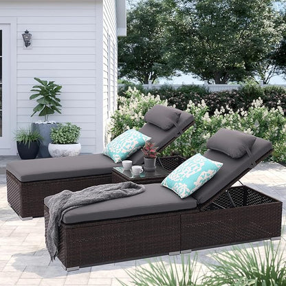 3 PCS Patio Chaise Lounge Outdoor Lounge Chair Patio Reclining Chair with Coffee Table Cushion&Pillow 5 Angle Adjustment Brown Rattan for Courtyards Poolside Garden