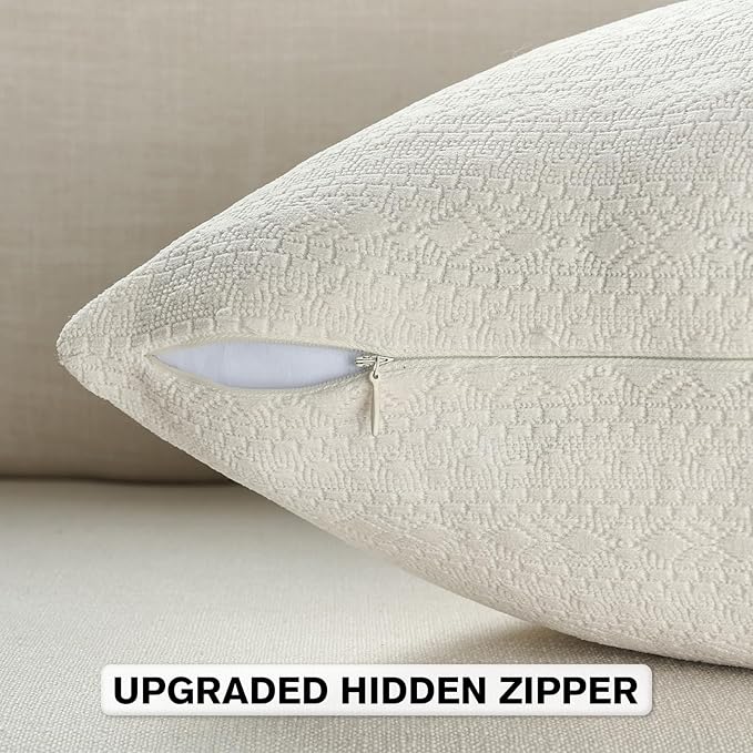 FUTEI Cream Chenille Throw Pillow Covers 12x20 Inch Set of 2,Soft Striped & Diamond Textured Lumbar Pillow Cases,Modern Home Decor for Couch Living Room