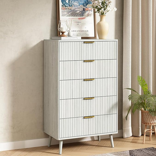 CARPETNAL Fluted 5 Drawers Dresser for Bedroom, 45" Tall Wooden Chest of Drawers with Rounded Corners, Gold Handles, Modern Storage Organizer for Bedroom, Hallway (White)
