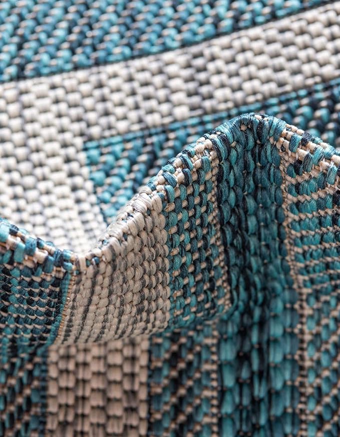 Unique Loom Outdoor Border Collection Area Rug - Soft Border (10' Round Teal/Ivory)