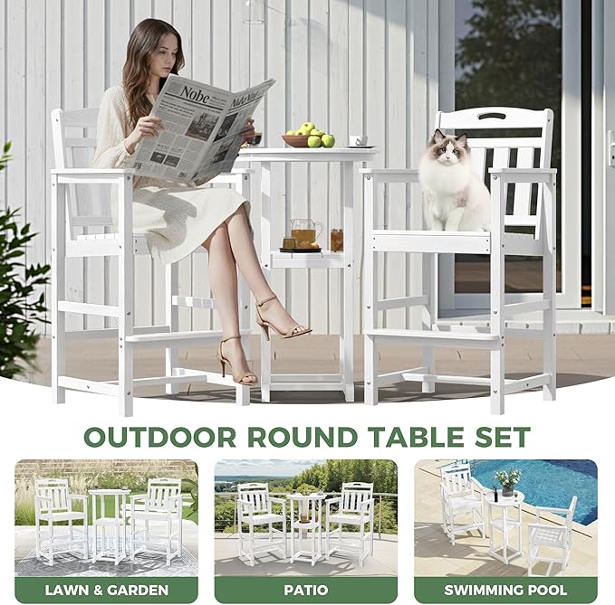 HDPE Outdoor Patio Bar Set with Bar Height Table and 2 Adirondack Chairs, All-Weather High Top Outside Round Pub Furniture for Bistro, Garden, Backyard, Deck | 3-Pieces, White