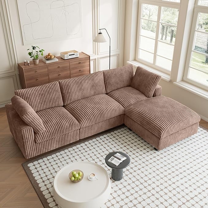 Modular Sectional Sofa, L Shaped Sofa with Chaise Ottoman, Deep Seat Cloud Sectional Couch, Couch Cushion Covers Removable, Comfy Modular Sofas for Living Room, Office, Apartment, Brown