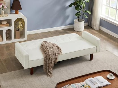 74" Loveseat Sofa with Vintage Button Tufting, Faux Leather Convertible Sleeper Futon Sofa Bed with Spring Cushion and Wood Legs for Apartments, Offices, Reception Areas, Living Rooms, White