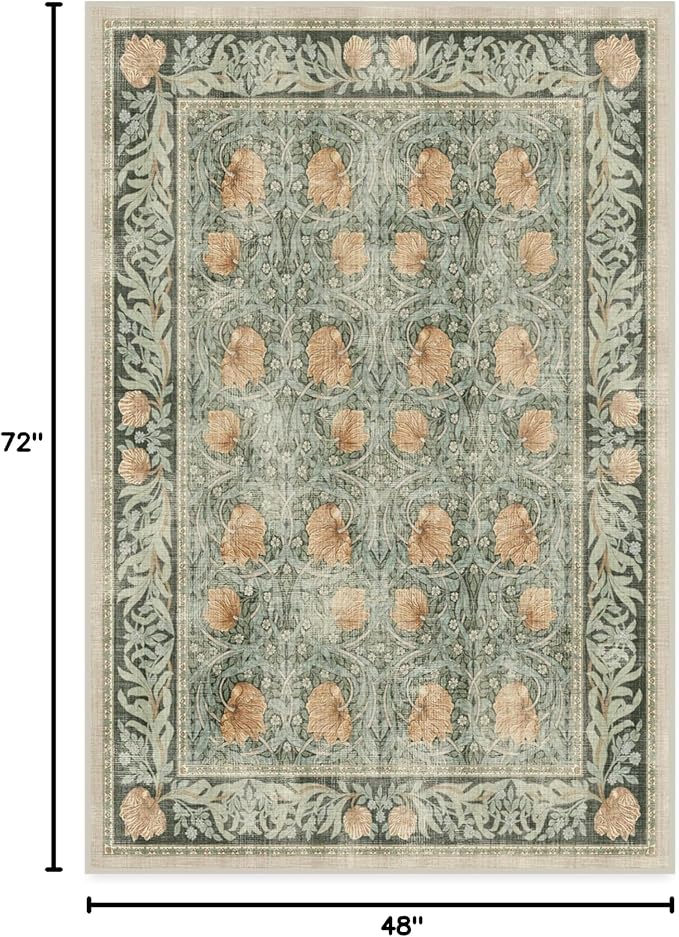 RUGGABLE x Morris & Co Washable Area Rug– Pimpernel Vintage Green 4x6, Stain-Resistant, Non-Slip – Medium Machine Washable Rugs for Living Room, Bedroom, Hallway, Entryway & Office–with Cushioned Pad
