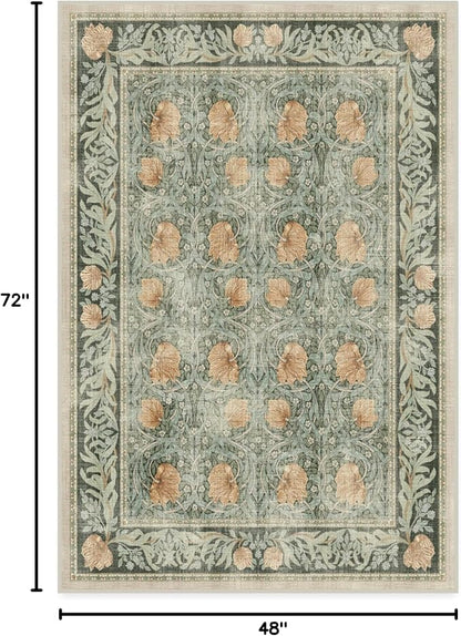 RUGGABLE x Morris & Co Washable Area Rug– Pimpernel Vintage Green 4x6, Stain-Resistant, Non-Slip – Medium Machine Washable Rugs for Living Room, Bedroom, Hallway, Entryway & Office–with Cushioned Pad