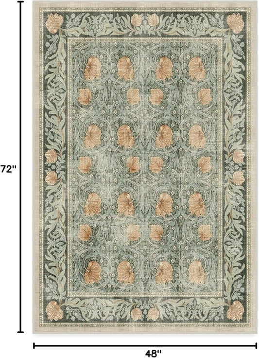 RUGGABLE x Morris & Co Washable Area Rug – Pimpernel Vintage Green 4x6, Stain-Resistant, Non-Slip – Medium Machine Washable Rugs for Living Room, Bedroom, Hallway, Entryway & Office–with Standard Pad