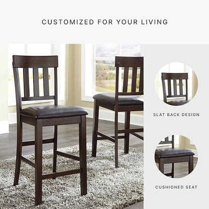Signature Design by Ashley Haddigan Upholstered Barstool, 2 Count, Slat Back Design, Cushioned Seat, Wood, 25.5" H, Dark Brown