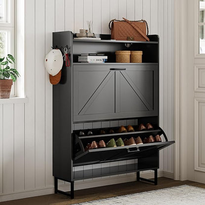 Shoe Storage Cabinet with 2 Flip Drawers, Narrow Wood Shoe Cabinet Storage for Entryway with Metal Legs & Hooks, Adjustable Shelves, Freestanding Shoe Rack Organizer for Foyer, Hallway, Black