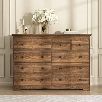 55 Inch Wide Dresser for Bedroom, 10 Drawer Dresser with Large Drawers, Thickened Top, Wood Chest for Living Room, Hallway, Walnut