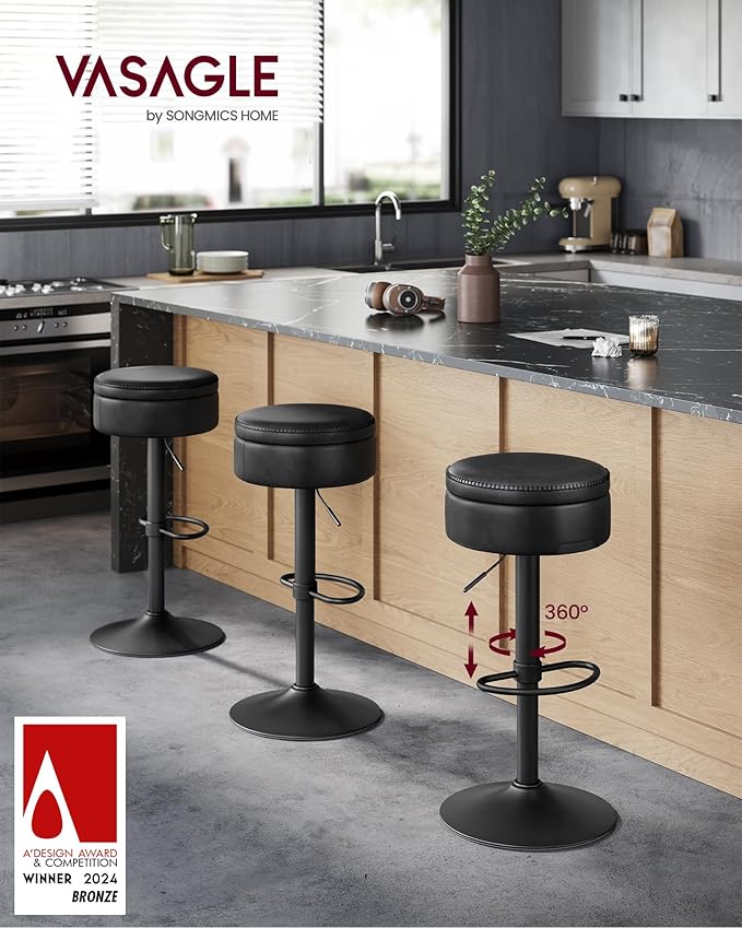 VASAGLE EKHO Collection - 360° Swivel Bar Stools Set of 4, Height Adjustable Barstools with Storage, Synthetic Leather with Stitching, Mid-Century Modern, Kitchen Bar, Easy Assembly, Ink Black