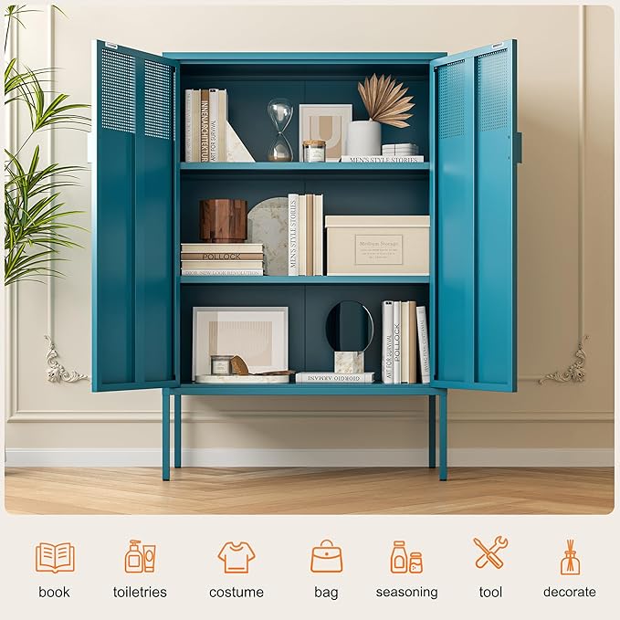 Blue Metal Storage Cabinet - 3 Tier Steel Office Storage Cabinet with Doors and Shelves for Home, Office and Kitchen