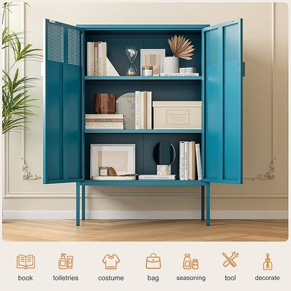 Blue Metal Storage Cabinet - 3 Tier Steel Office Storage Cabinet with Doors and Shelves for Home, Office and Kitchen