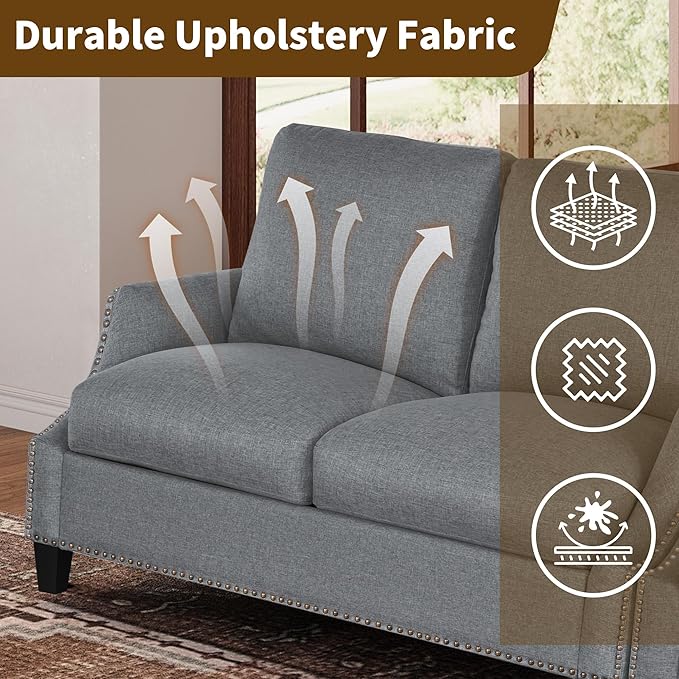 3 Piece 6-Seater Living Room Sofa Set, Modern Upholstered 3-Seater Sofa, Loveseat & Armchair, Handmade Nailhead Trim, Ergonomic Deep-Seat Couch for Living Room, Bedroom, Apartment, Gray