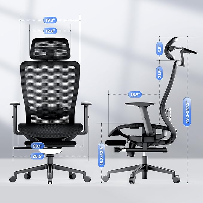 FLEXISPOT OC3 Air Ergonomic Office Chair with Footrest, Mesh Back Computer Chair, Home Office Desk Chairs, with Adjustable Lumbar Support/3D Headrest/Reliable Base, Mesh Seat Cushion, Black, Air-F