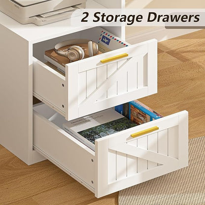 63" Farmhouse L Shaped Executive Desk with Drawers & Storage Shelf, Corner Computer Desk with Power Outlets, L Shaped Office Desk with Monitor Stand, Printer Shelf, White