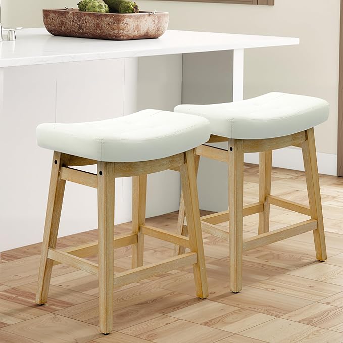 Counter Height Bar Stools Set of 2 for Kitchen Island Modern Barstools with Upholstered Faux Leather Backless Seat and Solid Wood Legs, 24 inch Farmhouse Bar Chairs, White