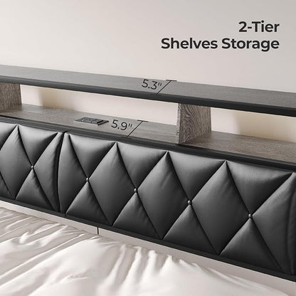 Queen Headboard Only, Headboard for Queen Size Bed with Storage, Upholstered Headboards with LED Lights & Charging Station, Attach Frame, Ideal for Bedroom/Dorm/Guest Room, Black, Faux Leather