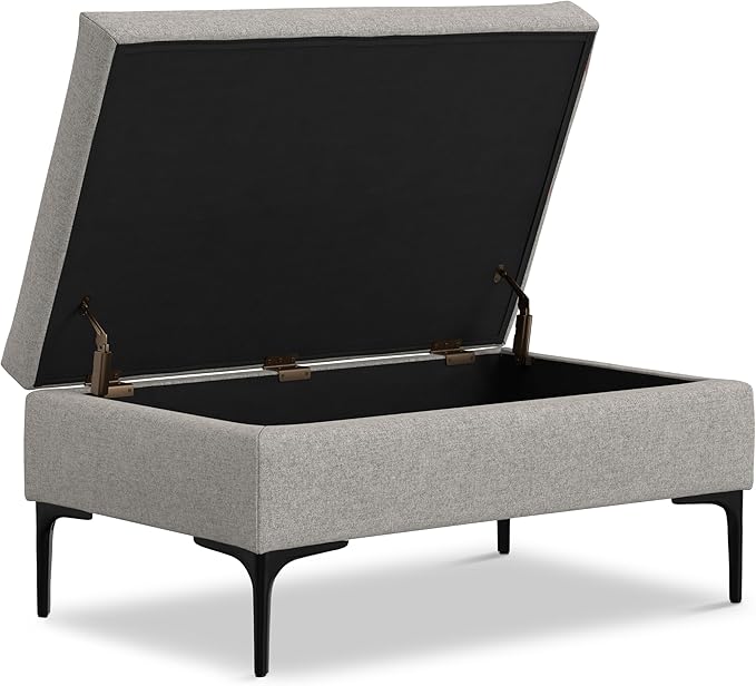 SIMPLIHOME Rebecca 36 inch Wide Mid Century Rectangular Coffee Table Storage Ottoman with Lift Up Lid in Cloud Grey Polyester linen Look, Assembled, For the Living Room, Entryway and Family Room