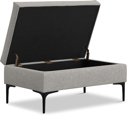 SIMPLIHOME Rebecca 36 inch Wide Mid Century Rectangular Coffee Table Storage Ottoman with Lift Up Lid in Cloud Grey Polyester linen Look, Assembled, For the Living Room, Entryway and Family Room