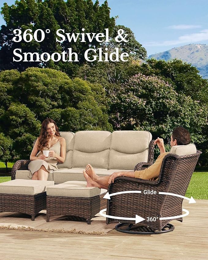 HILLGA Luxury Patio Furniture Set with 6-Inch Thick Cushions, High Back Outdoor Swivel Rocker Chairs and Patio Loveseat, 5-Piece All Weather Conversation Set for Porch Deck Pool Yard, Beige (V3)