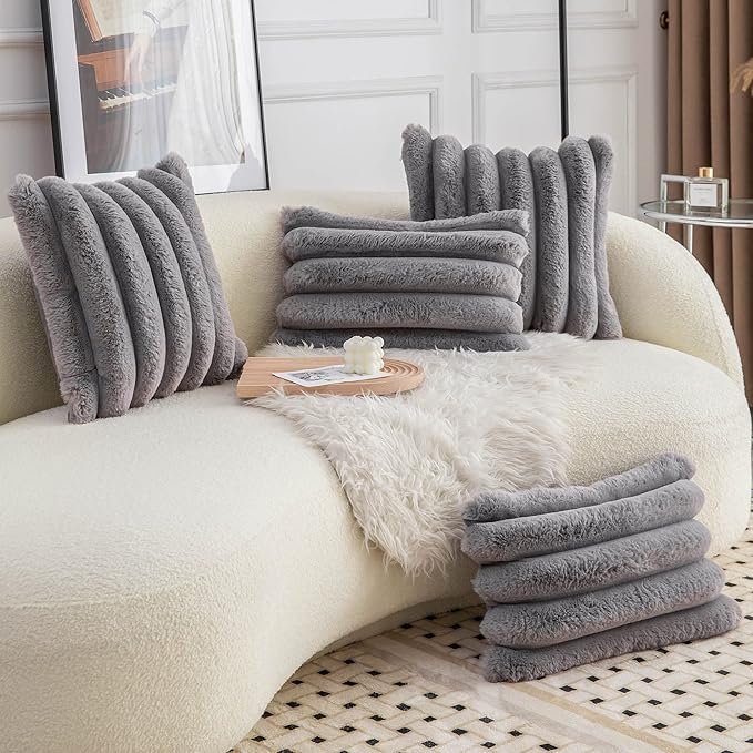 Neelvin Grey Faux Fur Cozy Soft Striped Decorative Throw Pillow Covers 24x24 inch Set of 2,Velvet Pillowcase Cushion Case for Sofa Couch