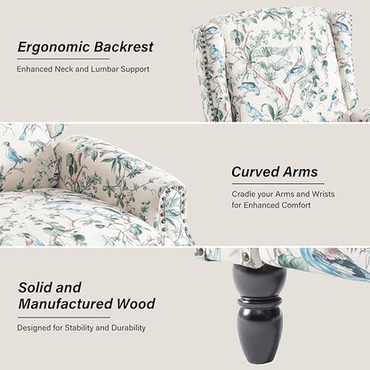 Recliner Chair, Upholstered Wingback Floral Pushback Armchair with Adjustable Backrest & Footrest, Comfy Accent Chair Reading Single Sofa for Small Spaces, Living Room, Bedroom (Bird, Set of 2)