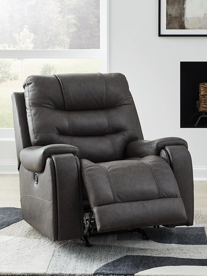 Signature Design by Ashley Trumble Modern Faux Leather Manual Rocker Recliner with Track Arms, Gray