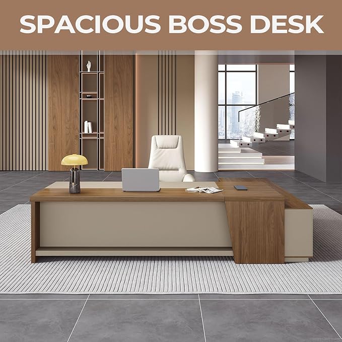 Premium Executive Desk, Modern L Shape Office Executive Desk with Drawers, Lockable Storage & Cable Management(Champagne Wood Grain+Beige/Left,79" L*63" W*30" H)