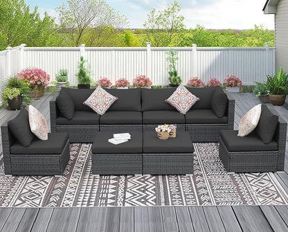 NICESOUL 8 Seater Modern Luxury Outdoor Furniture Set, Extra Large PE Wicker Patio Modular Sectional Sofa with Ottoman, 29.3'' High Back L-Shaped All-Weather Conversations, Deep Seated Grey Color