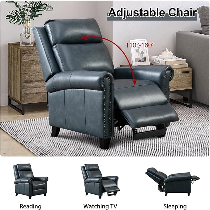 CANMOV Leather Recliner Chair, Classic and Traditional Push Back Recliner Chair with Comfortable Arms and Back for Living Room Bedroom Adjustable Single Sofa, Navy Blue