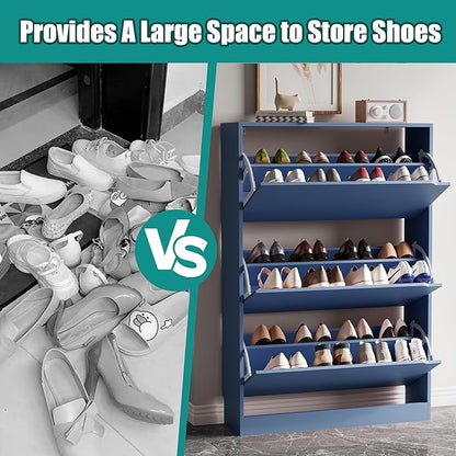 Shoe Storage Cabinet for Entryway with 3 Flip Drawers, Sturdy Wood Hidden Shoe Storage, Freestanding Narrow Slim Shoe Organizer for Front Door Entrance, Living Room, Hallway, Bedroom, Blue
