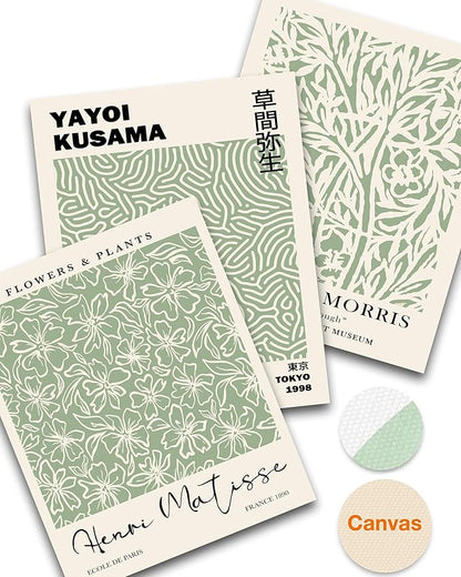 HesenDot Matisse Sage Green Wall Art Set of 3,William Morris Wall Art Decor,12x16IN Truly Quality Canvas Wall Art Pictures,Yayoi Kusama Print, Unframed Fabric wall art,Art poster decoration for