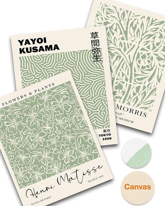 HesenDot Matisse Sage Green Wall Art Set of 3,William Morris Wall Art Decor,12x16IN Truly Quality Canvas Wall Art Pictures,Yayoi Kusama Print, Unframed Fabric wall art,Art poster decoration for