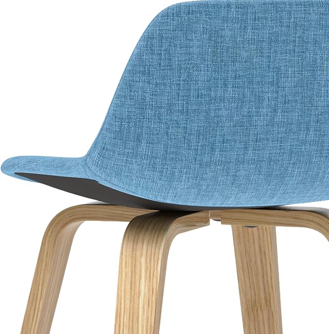 SIMPLIHOME Randolph Counter Stools (Set of 2) - 28 Inch Seat Height Upholstered Bentwood Kitchen Seats in Medium Blue Polyester Linen, Mid Century Modern Seating with Curved Backrest and Footrest