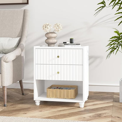 Modern Nightstand Set of 2, Fluted End Table with Open Shelf, Night Stand with 2 Drawers for Bedroom (2,White)