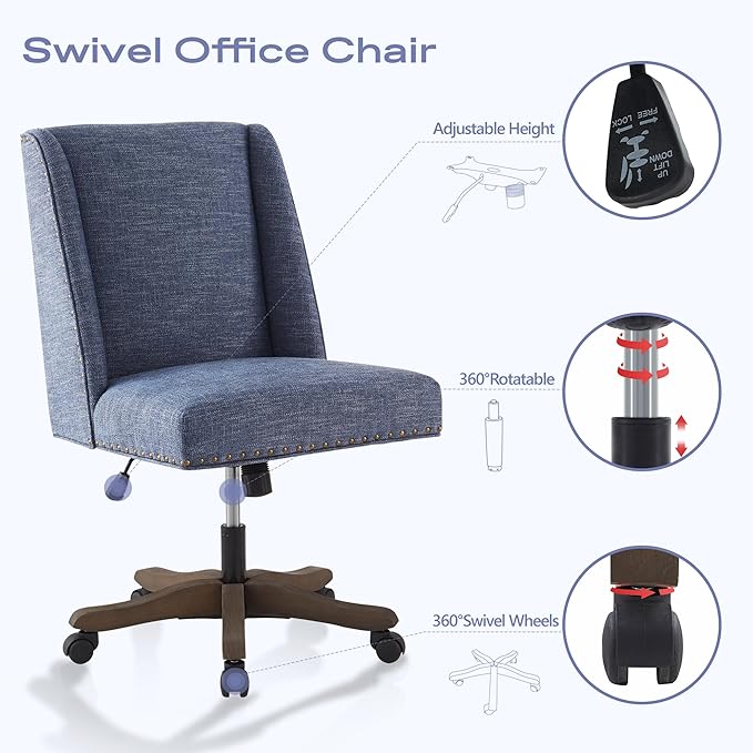 Armless Home Office Chair with Wooden Legs, Modern Adjustable Upholstered Office Desk Chair No Arms Computer Chair Swivel Chair for Home Office Study Studio (Blue)