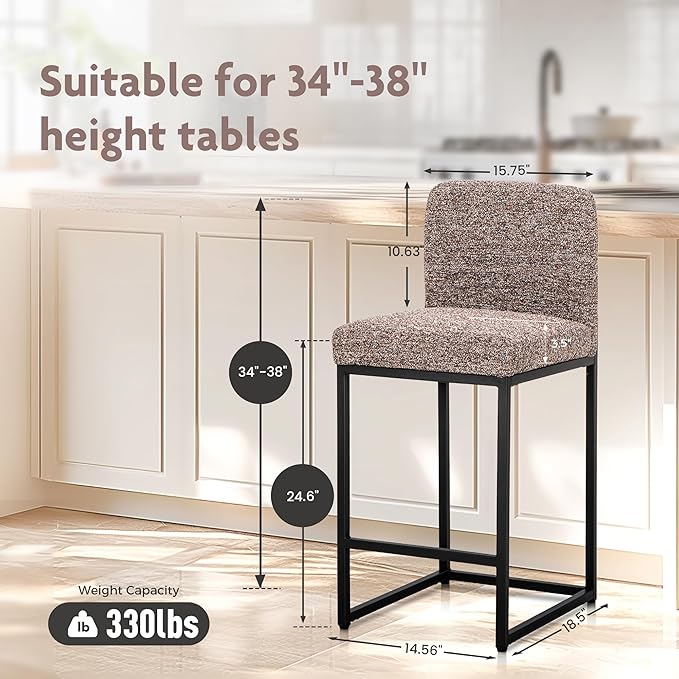 ALPHA HOME 24" Bar Stools Set of 4 Kitchen Counter Stools with Back, Counter Height Stools with Upholstered Footrest for Kitchen Island, Metal Steel Frame, Chenille, Brown