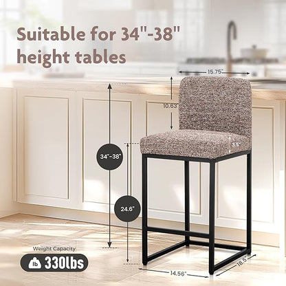 ALPHA HOME 24" Bar Stools Set of 4 Kitchen Counter Stools with Back, Counter Height Stools with Upholstered Footrest for Kitchen Island, Metal Steel Frame, Chenille, Brown