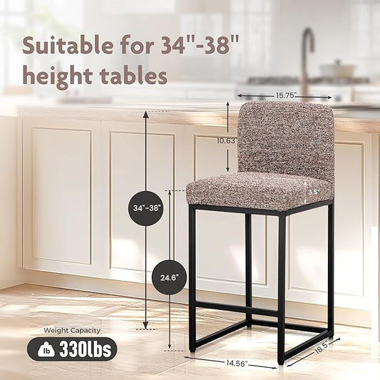 ALPHA HOME 24" Bar Stools Set of 4 Kitchen Counter Stools with Back, Counter Height Stools with Upholstered Footrest for Kitchen Island, Metal Steel Frame, Chenille, Brown