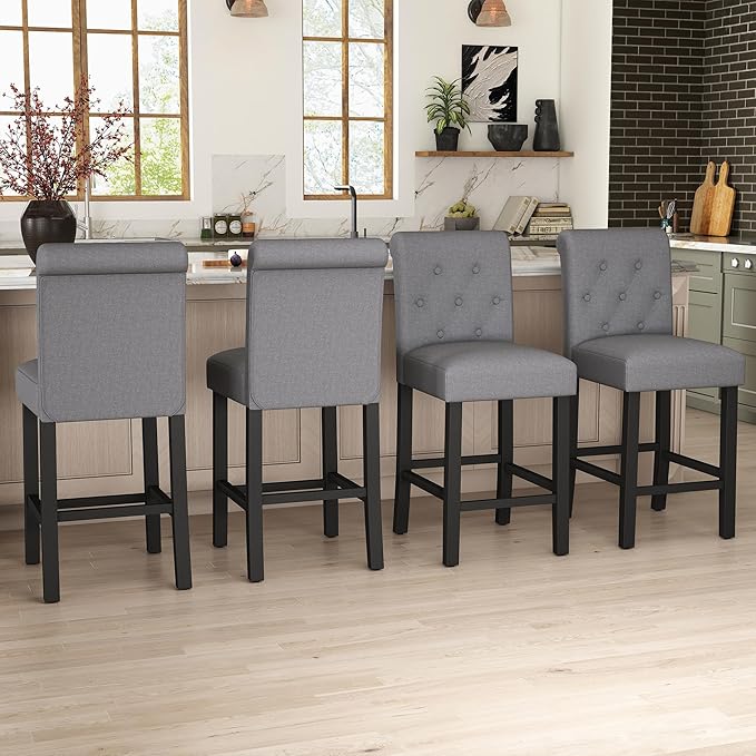 GOTMINSI 24 Inch Bar Stools for Kitchen Island, Set of 2 Fabric Barstools Upholstered Back Counter Bar Stools with Button Tufted Decoration Leisure Style Wooden Bar Chairs(Grey)