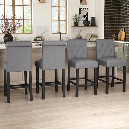 GOTMINSI 24 Inch Bar Stools for Kitchen Island, Set of 2 Fabric Barstools Upholstered Back Counter Bar Stools with Button Tufted Decoration Leisure Style Wooden Bar Chairs(Grey)