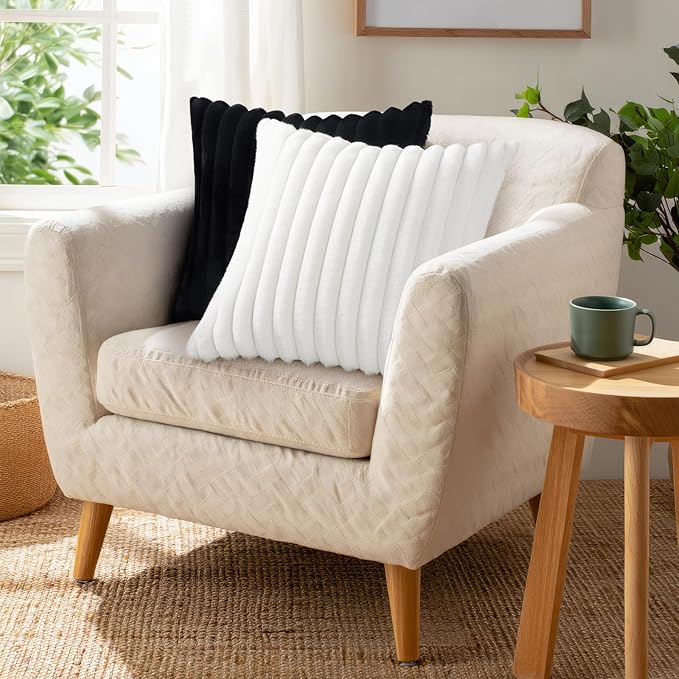 Pallene Faux Fur Plush Throw Pillow Covers 22x22 Set of 2, Luxury Soft Fluffy Striped Decorative Pillow Covers for Sofa, Couch, Living Room, Black