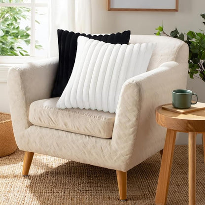 Pallene Faux Fur Plush Throw Pillow Covers 22x22 Set of 2, Luxury Soft Fluffy Striped Decorative Pillow Covers for Sofa, Couch, Living Room, Black
