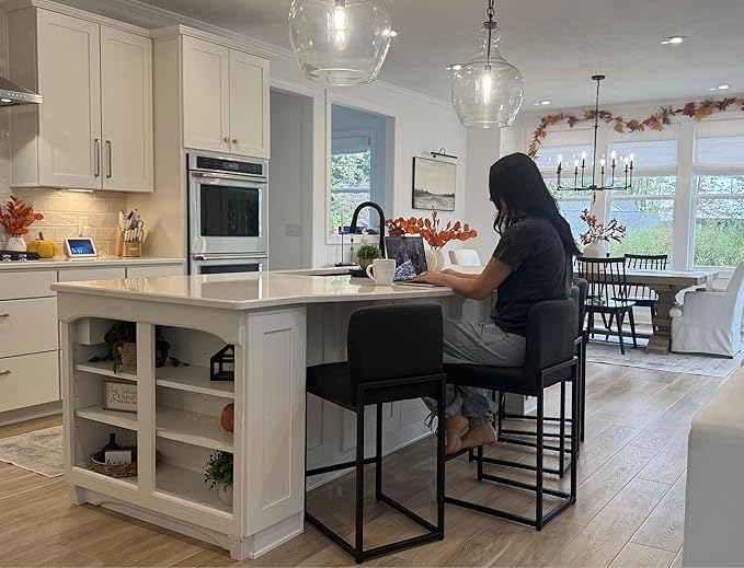 ALPHA HOME 24 Inch Bar Stools, Kitchen Counter Stools with Backs, Black Bar Stools Set of 2, PU Leather Barstools, Kitchen Stools with Back&Upholstered Footrest, Sturdy Chromed Metal Steel Frame