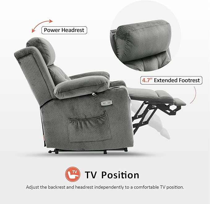 MCombo Small Triple Motor Power Lift Recliner Chair with Massage and Heat for Petite Elderly People, Adjustable Headrest, Infinite Position, USB Ports, Fabric 7664 (Grey, Small)