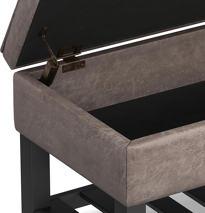 SIMPLIHOME Cosmopolitan 44 inch Wide Transitional Rectangle Storage Ottoman Bench with Open Bottom in Distressed Grey Taupe Vegan Faux Leather, Assembled for the Living Room and Bedroom