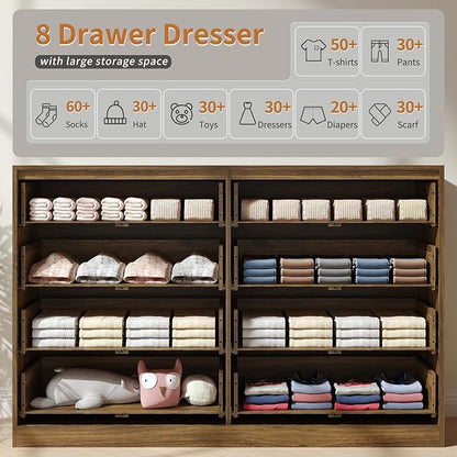 Fluted 8 Drawer Double Dresser Wood,55” Wide Bedroom Dresser Mid Century Chest of Drawers Wooden with Gold Handle,Dressers TV Stand for Bedroom,Living Room,Walnut
