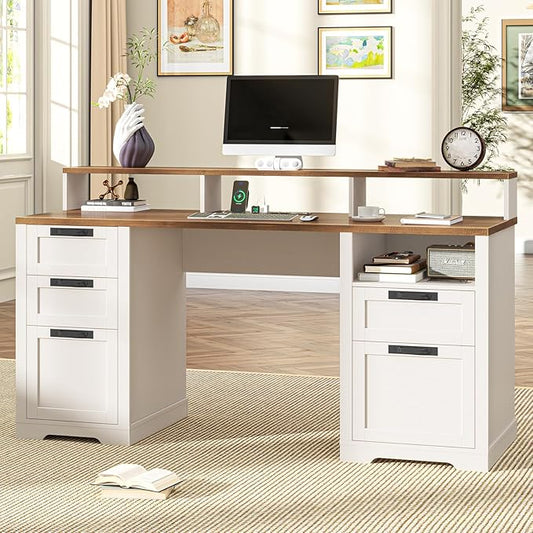 Halitaa 61" Farmhouse Executive Desk with Monitor Stand & File Drawers,Computer Desk with Storage Drawers,Large Workstation LED Lights and Power Outlets for Home Office,Study,White